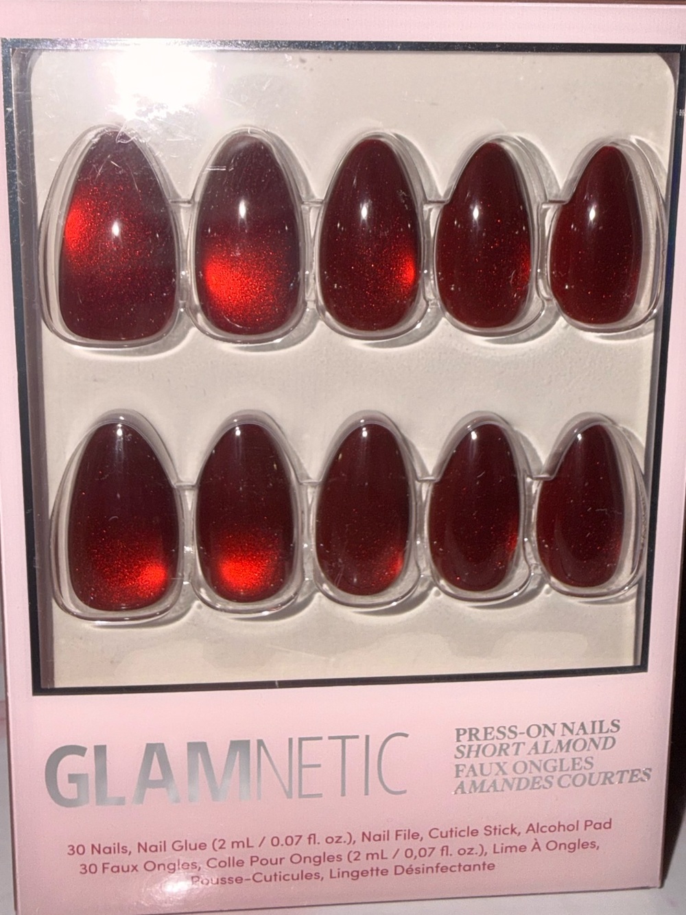 Glamnetic “Frosted Cranberry” Press-On Nails - Shimmering Red Short Almond